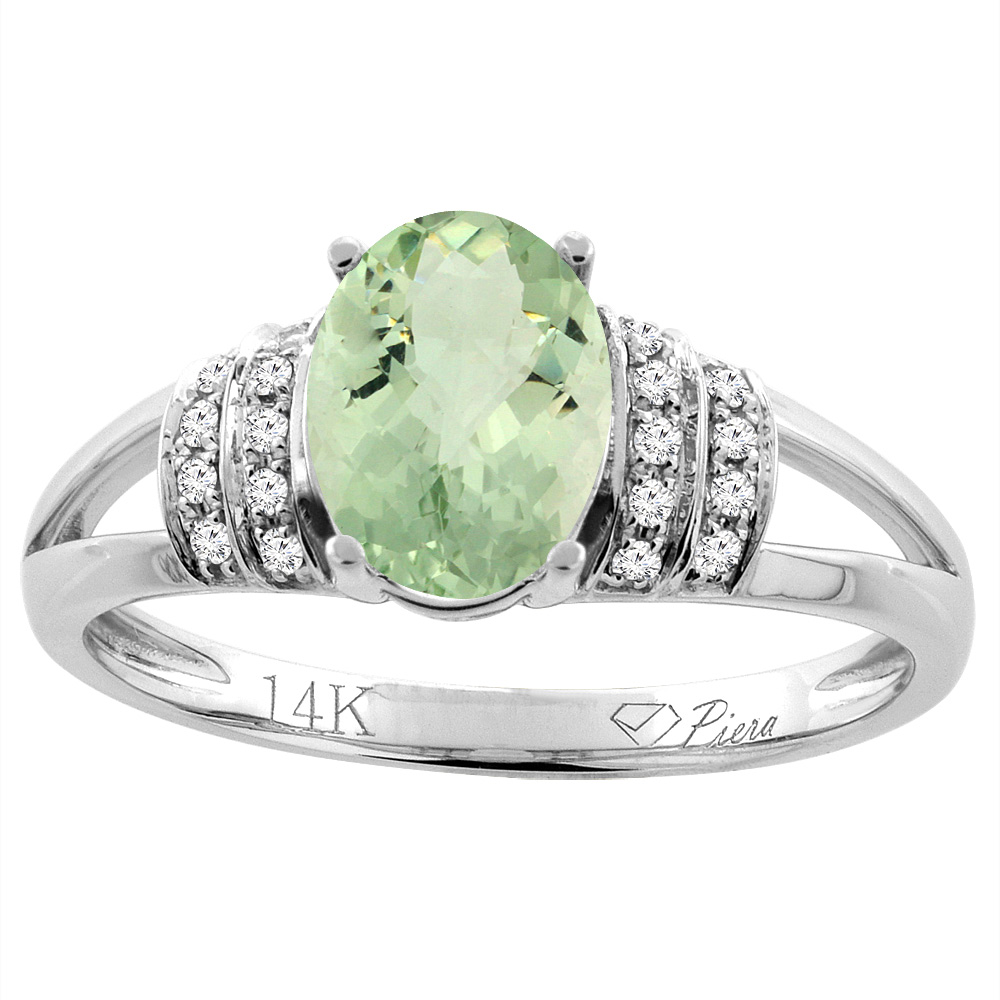 14K Gold Natural Green Amethyst Ring Oval 8x6 mm Diamond Accents, sizes 5 - 10