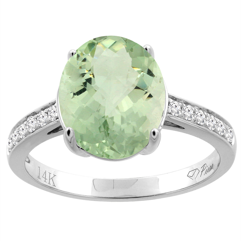 14K Gold Natural Green Amethyst Ring Oval 11x9 mm Diamond Accents, sizes 5 - 10