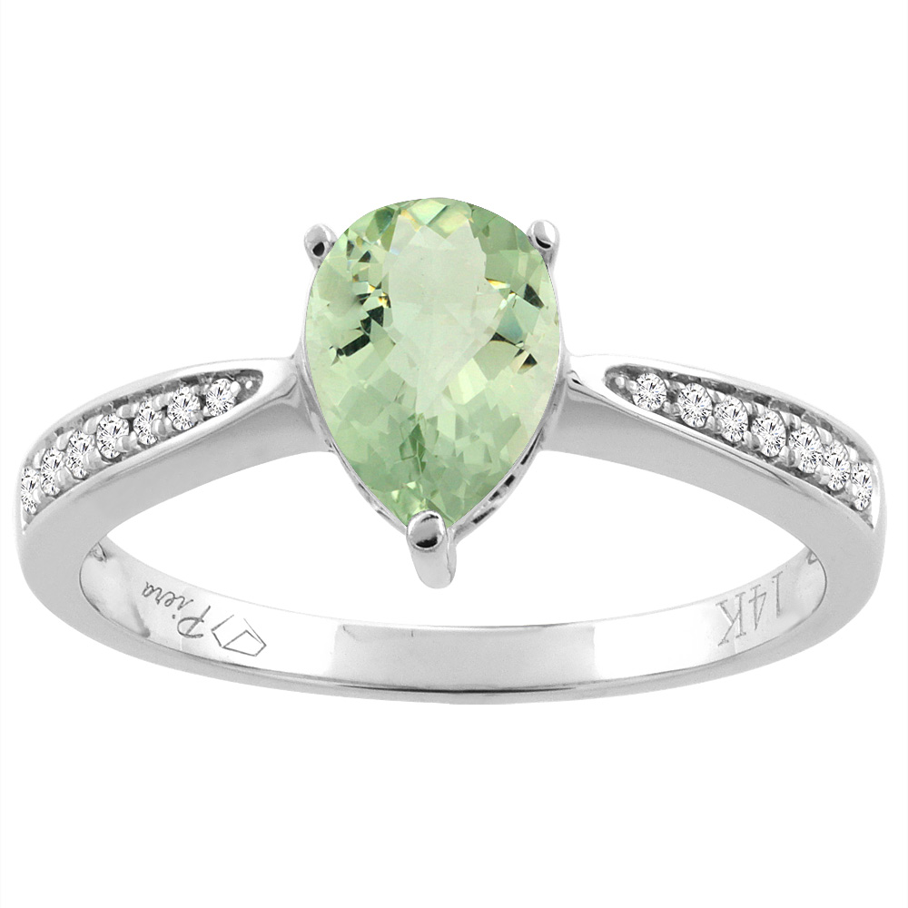 14K Gold Natural Green Amethyst Ring Pear Shape 8x6 mm Diamond Accents, sizes 5 - 10