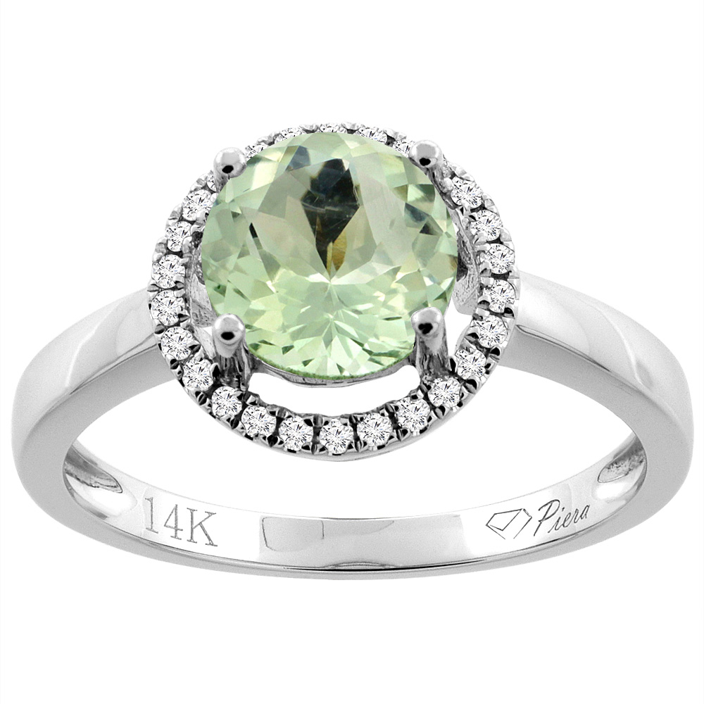 14K Gold Natural Green Amethyst Ring Round 7 mm Diamond Accents, sizes 5 - 10
