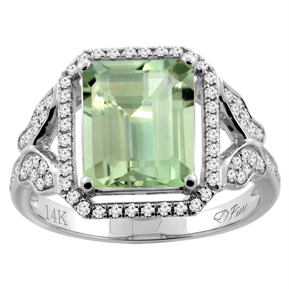 14K Gold Natural Green Amethyst Ring Octagon Shape 10x8 mm Diamond Accents, sizes 5 - 10