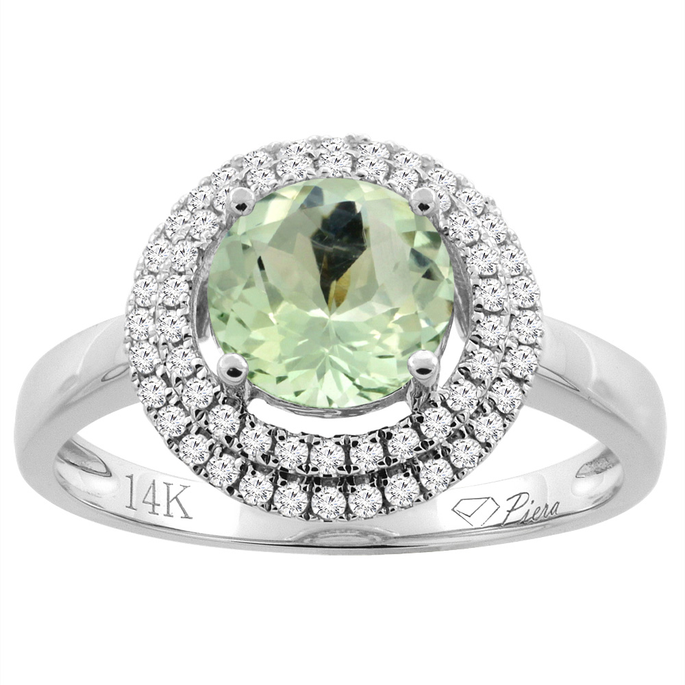 14K Gold Natural Green Amethyst Ring Round 7 mm Double Halo Diamond Accents, sizes 5 - 10