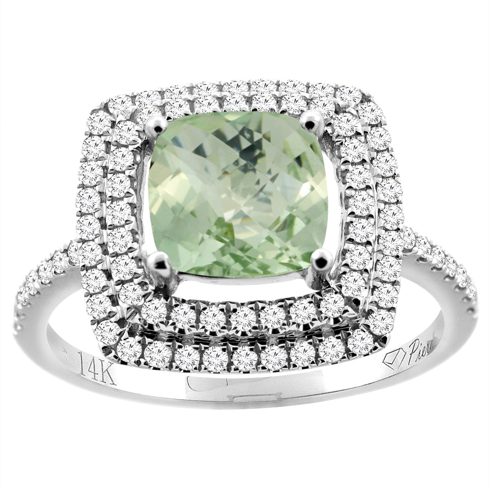 14K Gold Natural Green Amethyst Ring Cushion Cut 7x7 mm Double Halo Diamond Accents, sizes 5 - 10