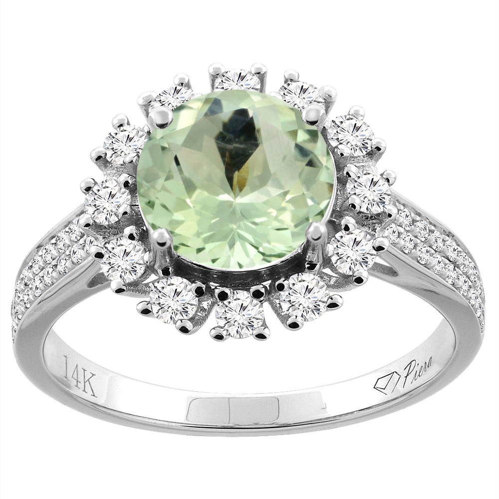 14K Gold Natural Green Amethyst Ring Round 8 mm Diamond Accents, sizes 5 - 10