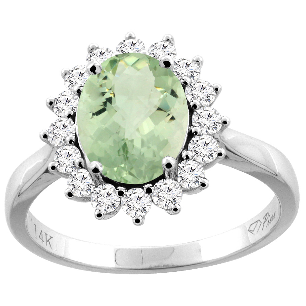 14K Gold Natural Green Amethyst Ring Oval 9x7 mm Diamond Accents, sizes 5 - 10