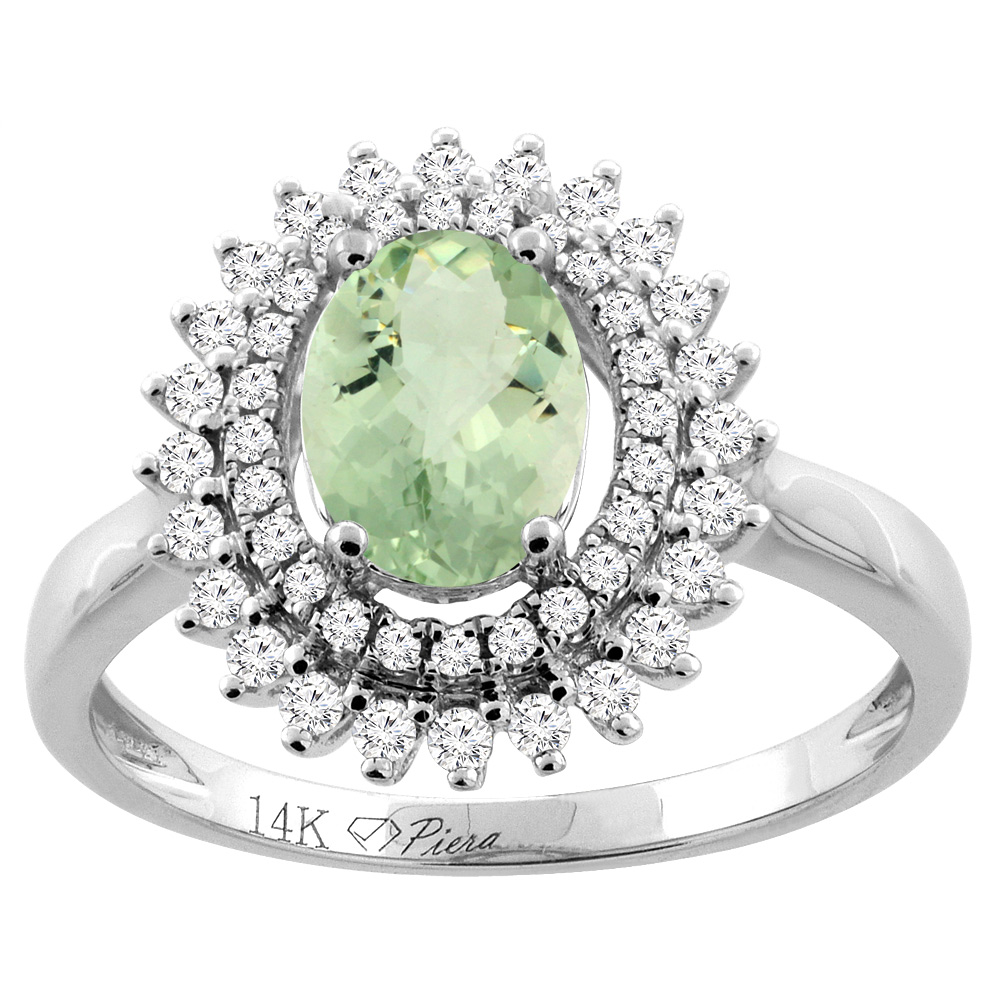 14K Gold Natural Green Amethyst Ring Oval 8x6 mm Double Halo Diamond Accents, sizes 5 - 10