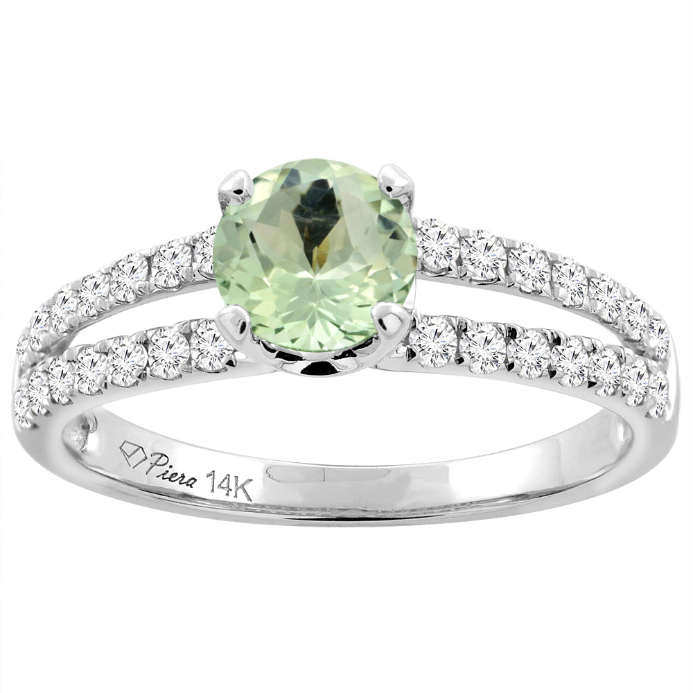 14K White Gold Natural Green Amethyst Engagement Ring Round 6 mm Split Shank Diamond Accents, sizes 5 - 10