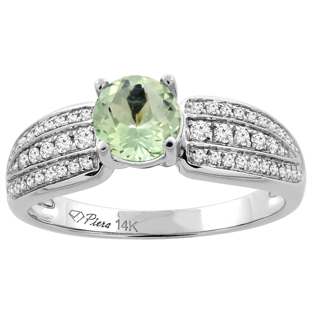 14K White Gold Natural Green Amethyst Engagement Ring Round 6 mm 3-row Diamond Accents, sizes 5 - 10