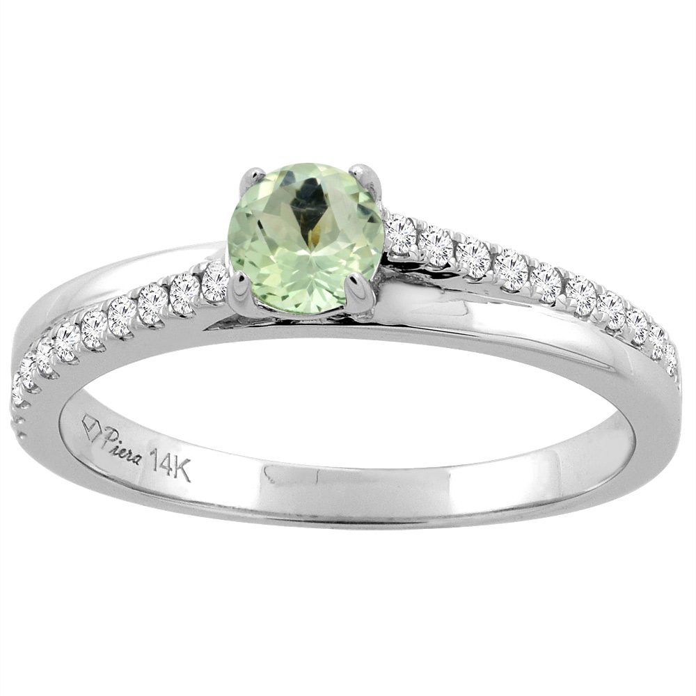14K White Gold Natural Green Amethyst Engagement Ring Round 5 mm & Diamond Accents, sizes 5 - 10