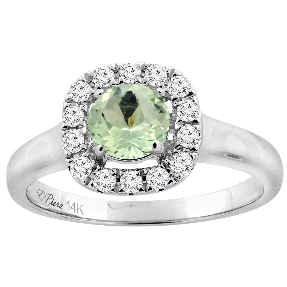 14K White Gold Natural Green Amethyst Halo Engagement Ring Round 6 mm Diamond Accents, sizes 5 - 10