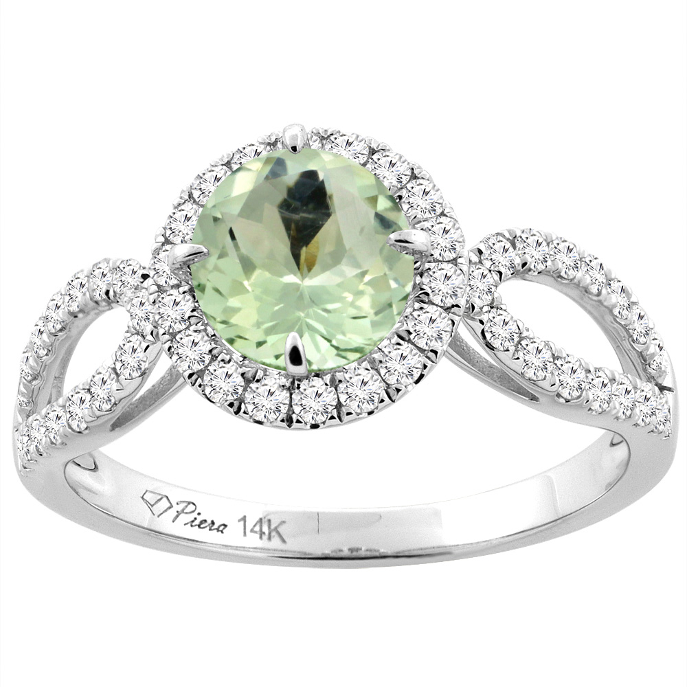 14K White Gold Natural Green Amethyst Engagement Halo Ring Round 6 mm &amp; Diamond Accents, sizes 5 - 10