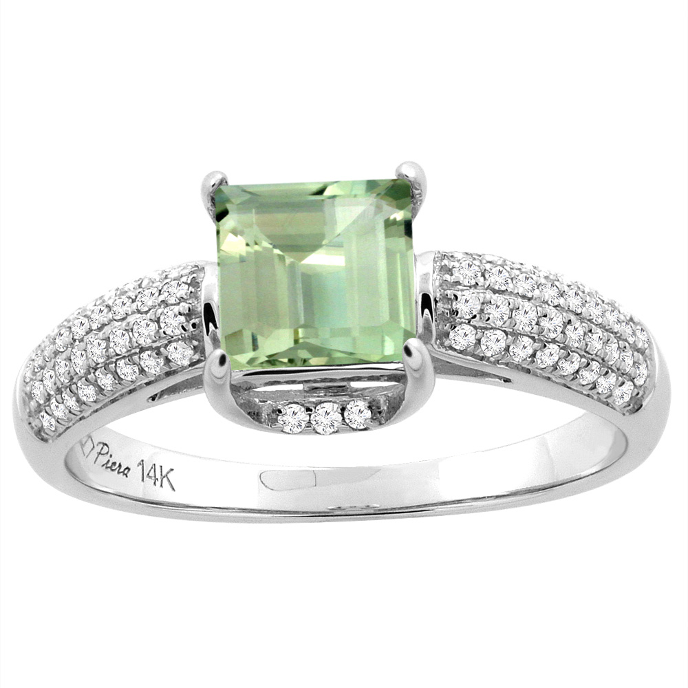 14K White Gold Natural Green Amethyst Engagement Ring Square 6 mm &amp; Diamond Accents, sizes 5 - 10