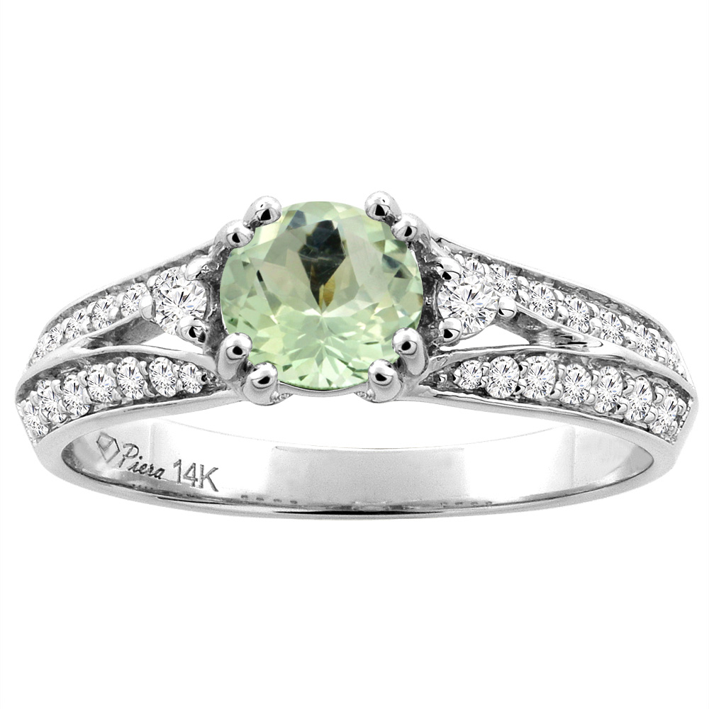 14K White Gold Natural Green Amethyst Engagement Ring Round 6 mm &amp; Diamond Accents, sizes 5 - 10