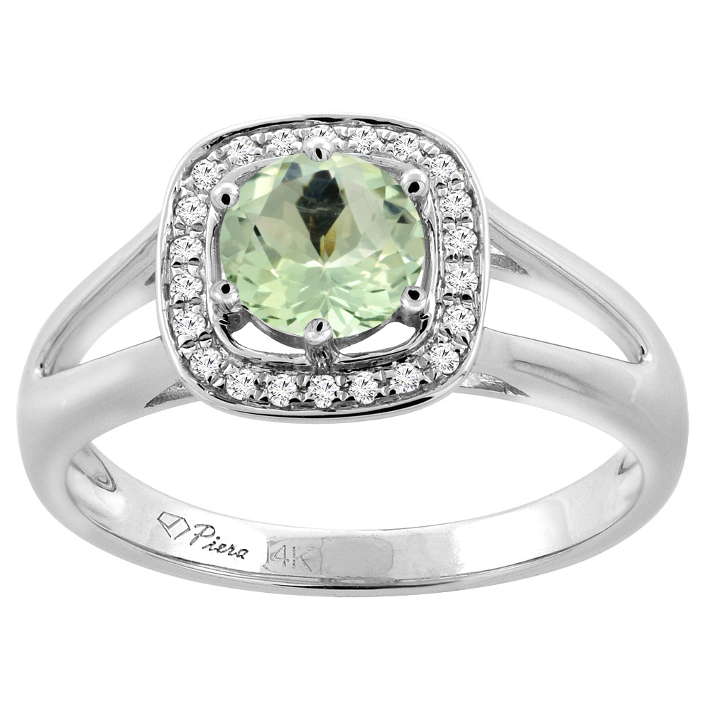 14K White Gold Natural Green Amethyst Engagement Halo Ring Round 6 mm &amp; Diamond Accents, sizes 5 - 10