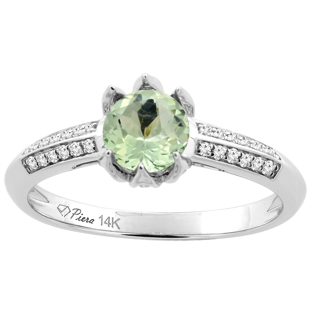 14K White Gold Natural Green Amethyst Engagement Ring Round 6 mm & Diamond Accents, sizes 5 - 10