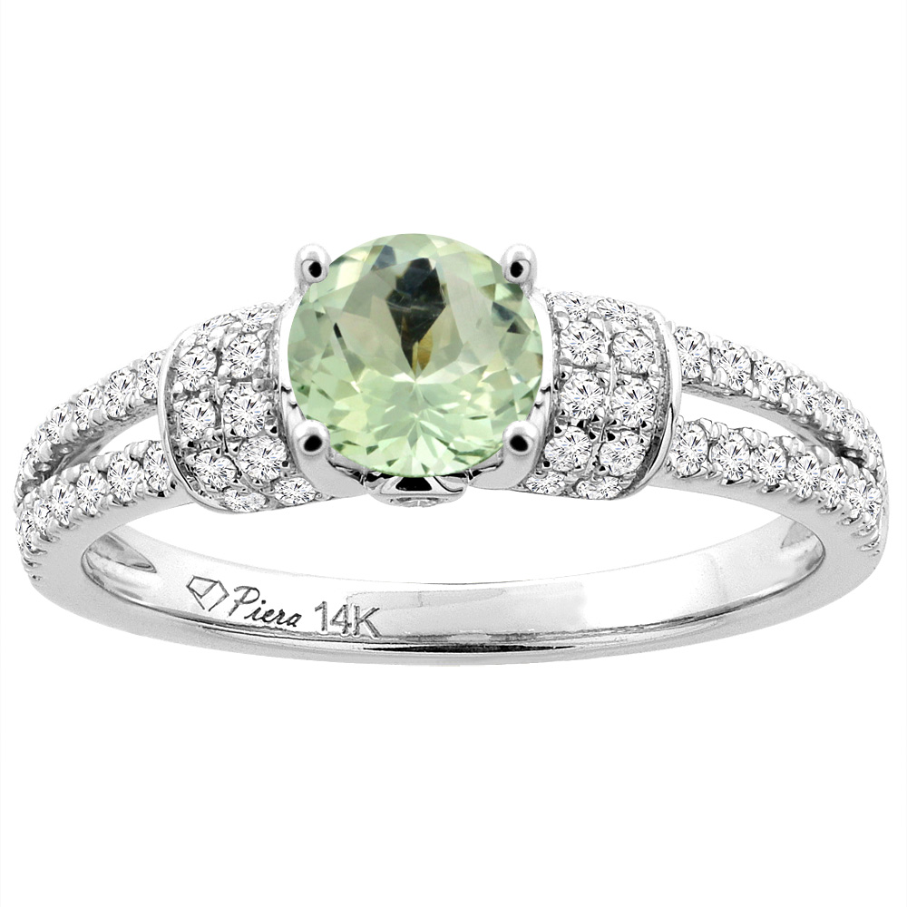 14K White Gold Natural Green Amethyst Engagement Ring Round 6 mm &amp; Diamond Accents, sizes 5 - 10