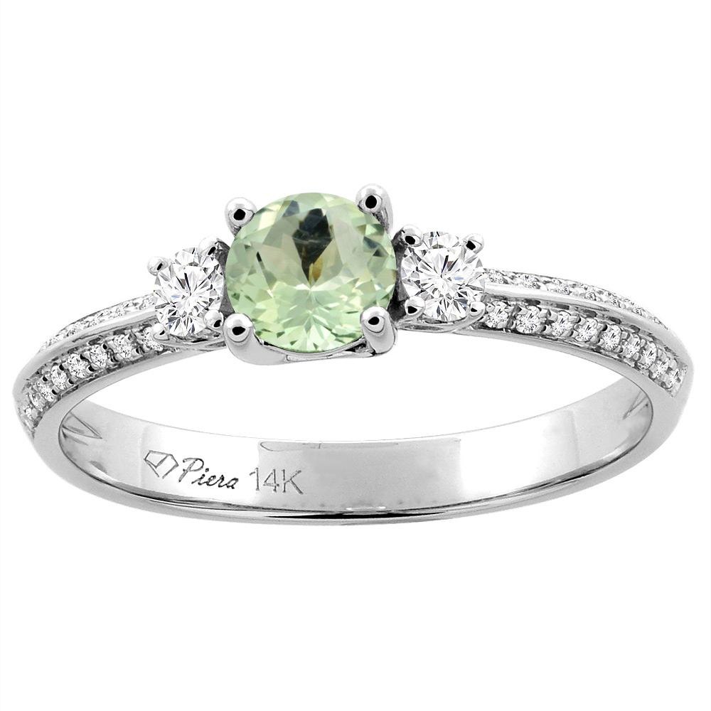14K White Gold Natural Green Amethyst Engagement Ring Round 5 mm &amp; Diamond Accents, sizes 5 - 10