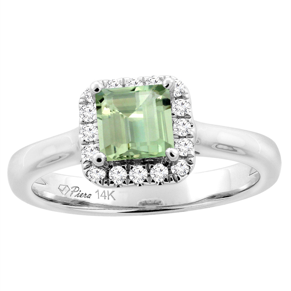 14K White Gold Natural Green Amethyst Halo Engagement Ring Square 5 mm & Diamond Accents, sizes 5 - 10