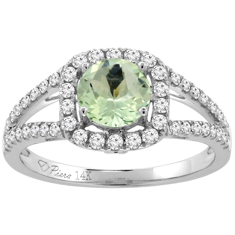 14K White Gold Diamond Natural Green Amethyst Engagement Halo Ring Round 7 mm, sizes 5-10