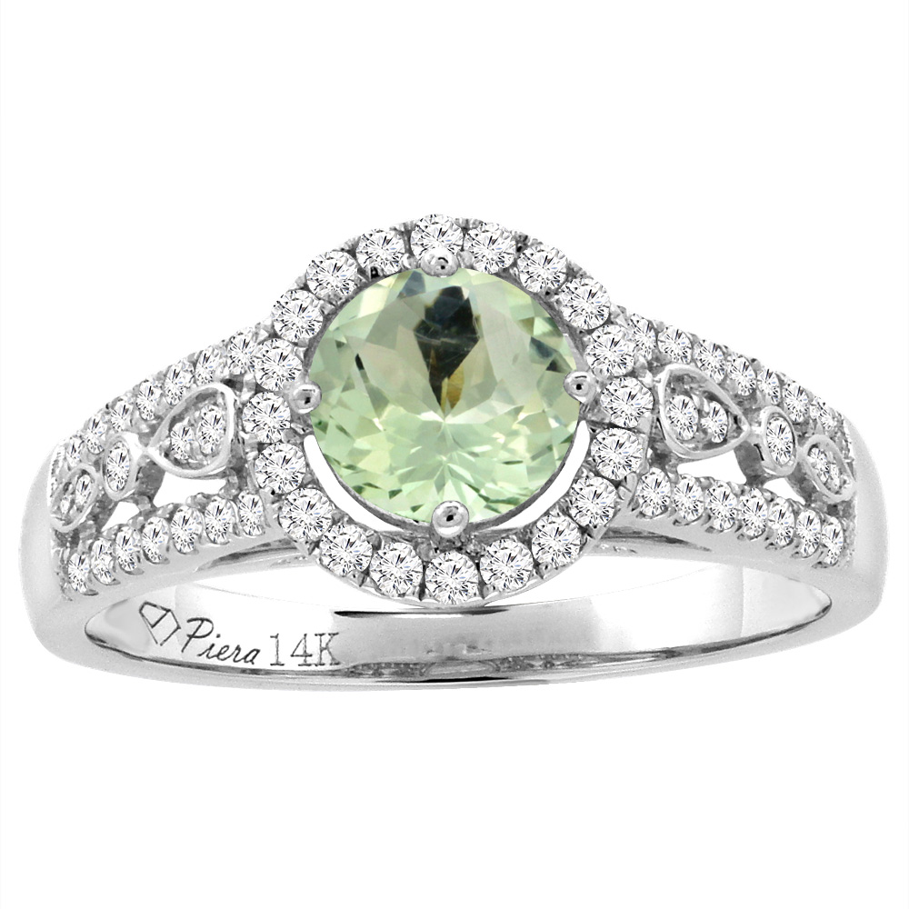 14K White Gold Diamond Natural Green Amethyst Engagement Halo Ring Round 7 mm, sizes 5-10