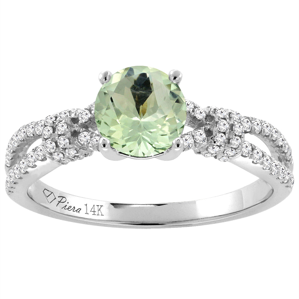 14K White Gold Diamond Natural Green Amethyst Engagement Ring Round 7 mm, sizes 5-10