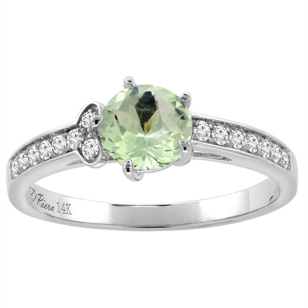 14K White Gold Diamond Natural Green Amethyst Engagement Ring Round 7 mm, sizes 5-10