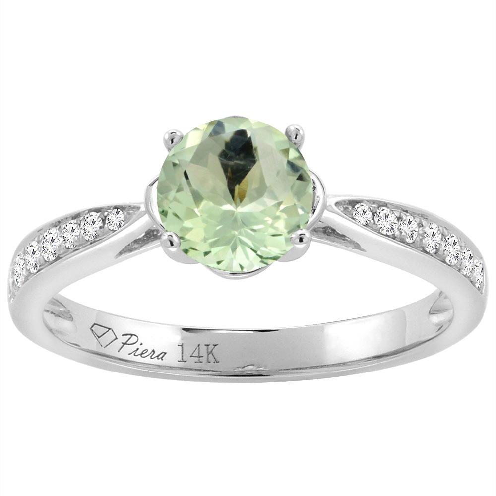 14K Yellow Gold Diamond Natural Green Amethyst Engagement Ring Round 7 mm, sizes 5-10