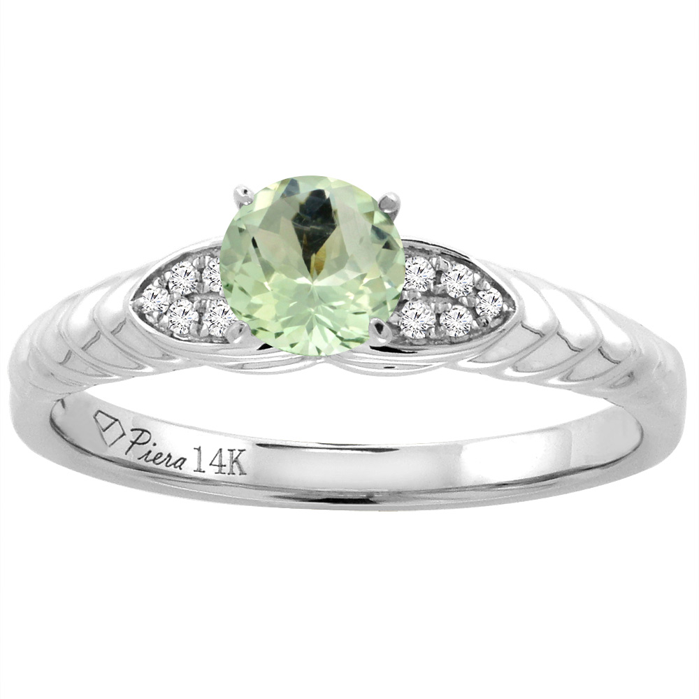 14K White Gold Diamond Natural Green Amethyst Engagement Ring Round 5 mm, sizes 5-10