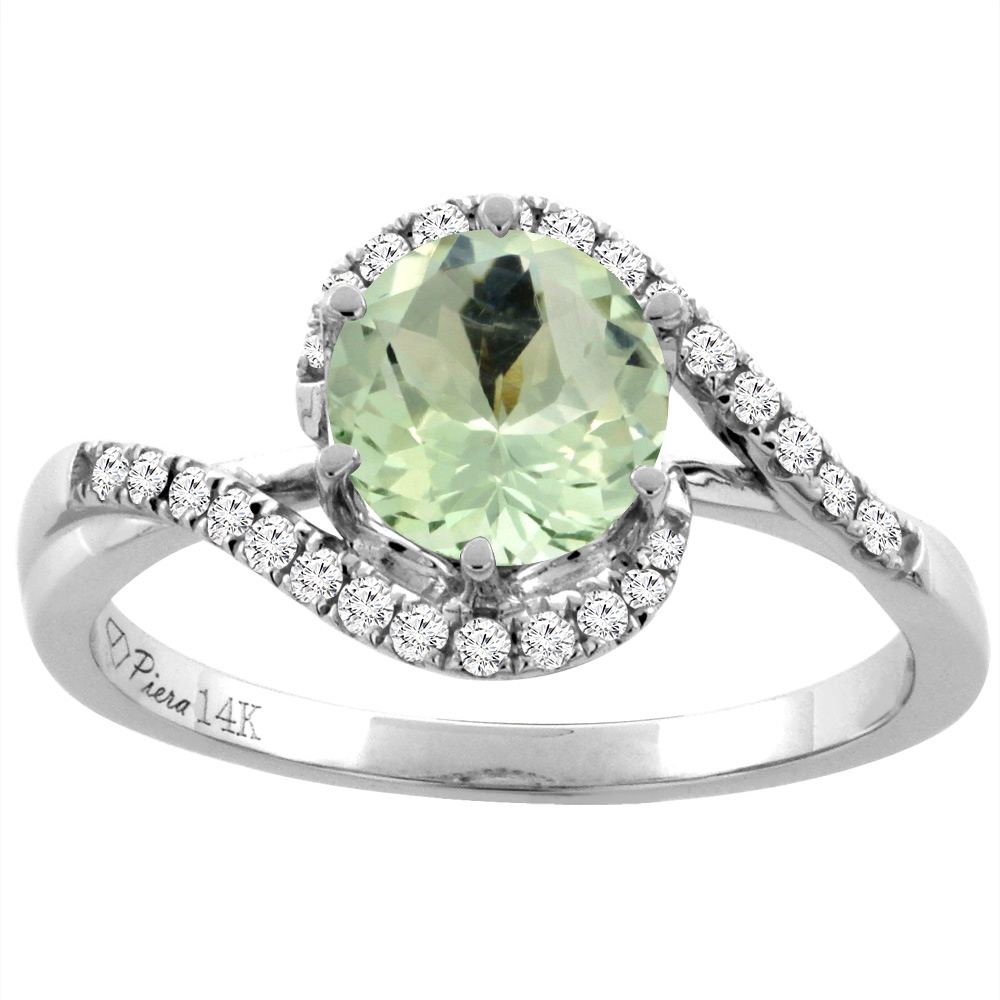 14K White Gold Diamond Natural Green Amethyst Bypass Engagement Ring Round 7 mm, sizes 5-10