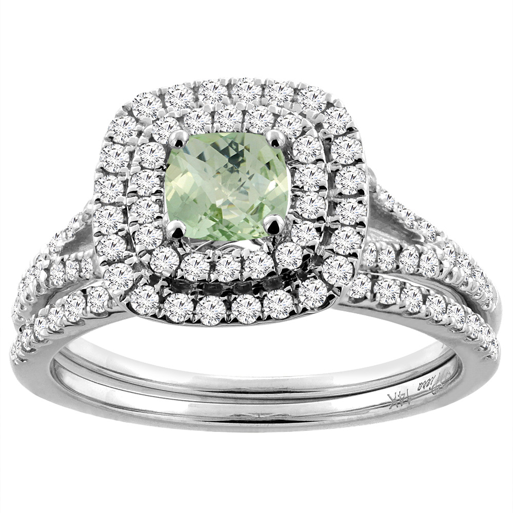 14K White Gold Diamond Halo Natural Green Amethyst 2pc Engagement Ring Set Cushion 6x6 mm,sizes 5-10