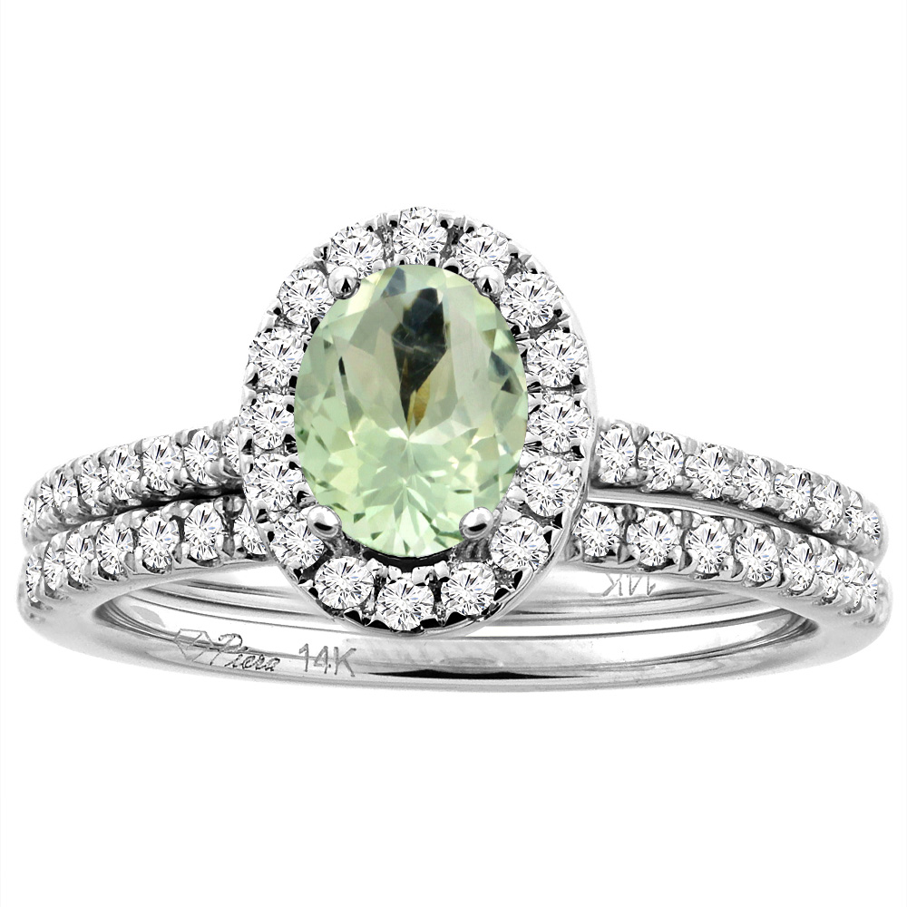 14K White/Yellow Gold Diamond Halo Natural Green Amethyst 2pc Engagement Ring Set Oval 7x5 mm, sizes 5-10
