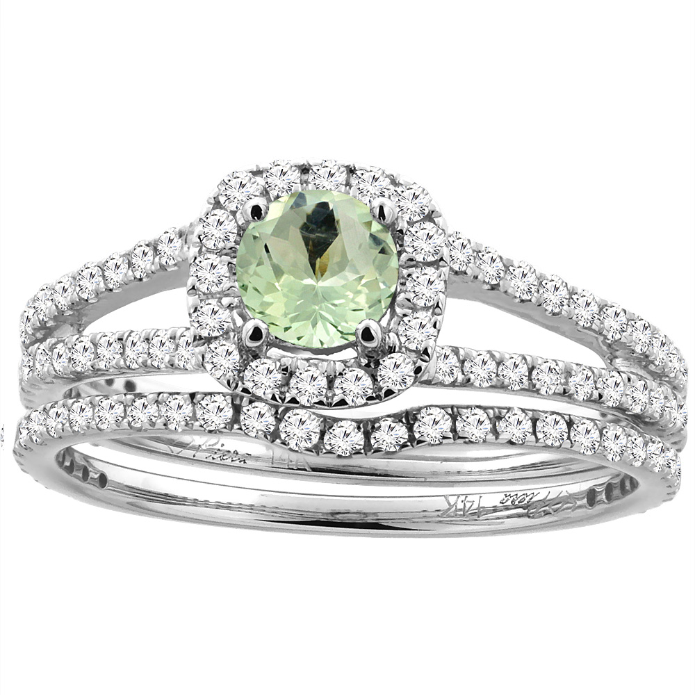 14K White Gold Diamond Halo Natural Green Amethyst 2pc Engagement Ring Set Round 5mm,size 5-10
