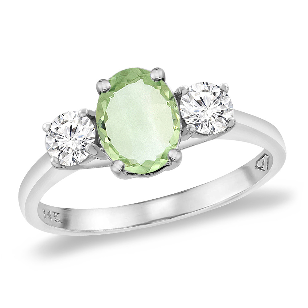 14K White Gold Natural Green Amethyst & 2pc. Diamond Engagement Ring Oval 8x6 mm, sizes 5 -10