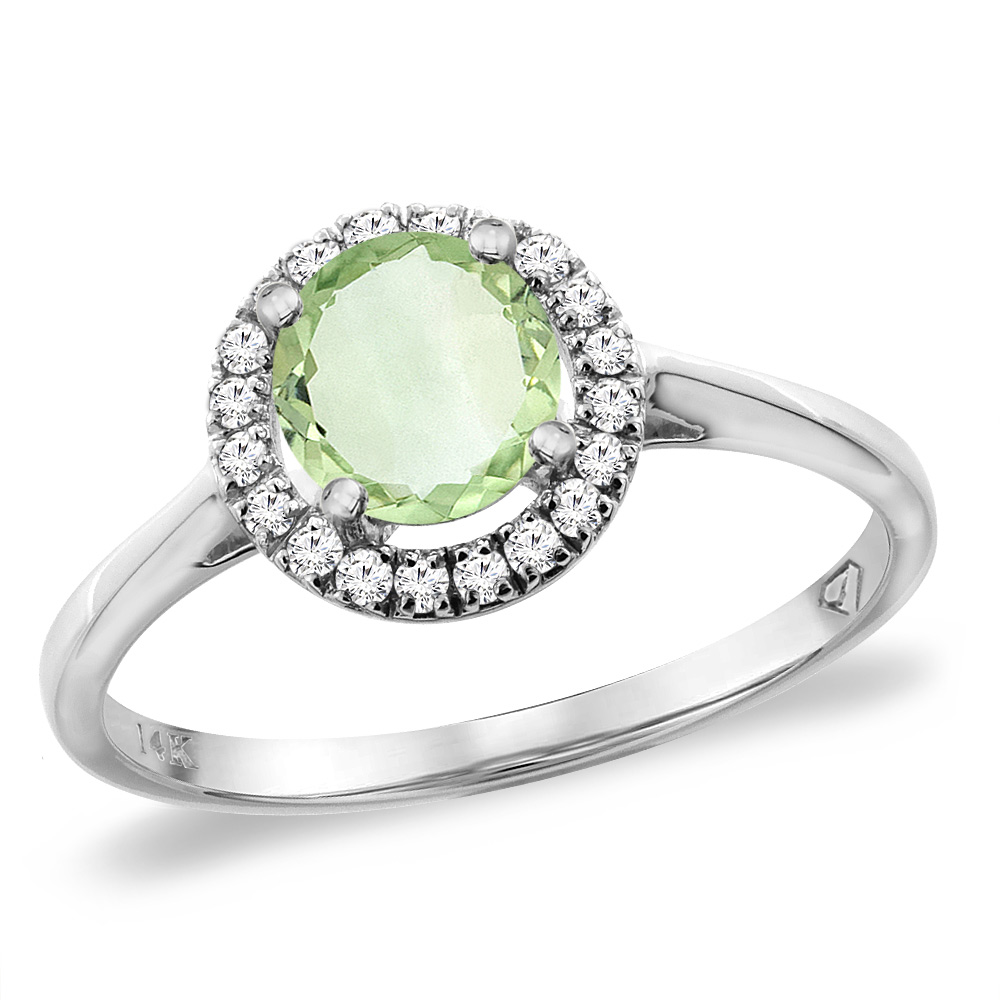 14K White Gold Diamond Halo Natural Green Amethyst Engagement Ring Round 6 mm, sizes 5 -10