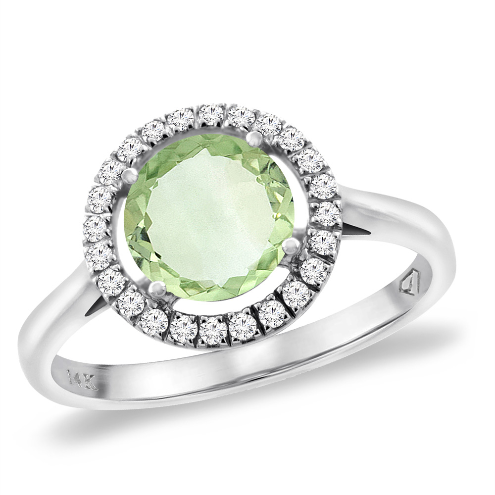 14K White Gold Natural Green Amethyst Halo Engagement Ring Round 8 mm, sizes 5 -10