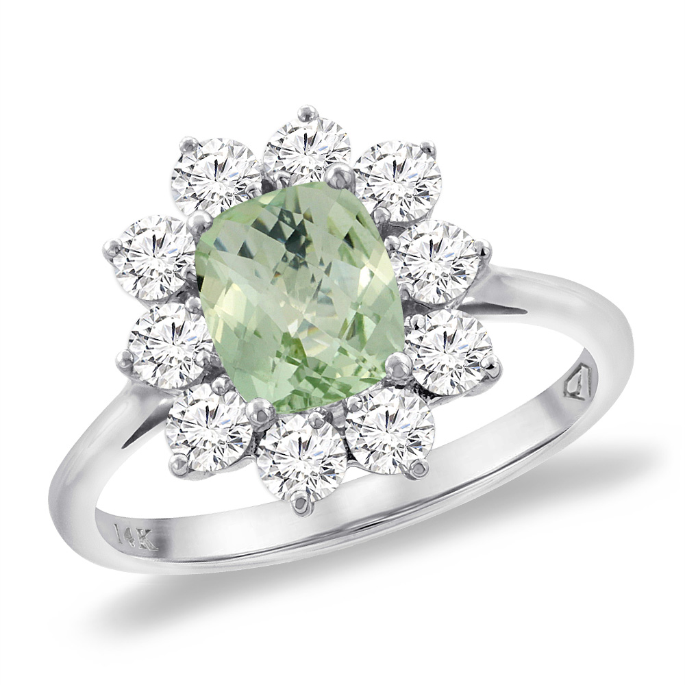14K White Gold Diamond Natural Green Amethyst Engagement Ring 8x6 mm Cushion, sizes 5 -10