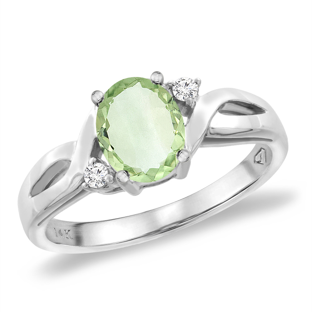 14K White Gold Diamond Natural Green Amethyst Engagement Ring Oval 8x6 mm, sizes 5 -10