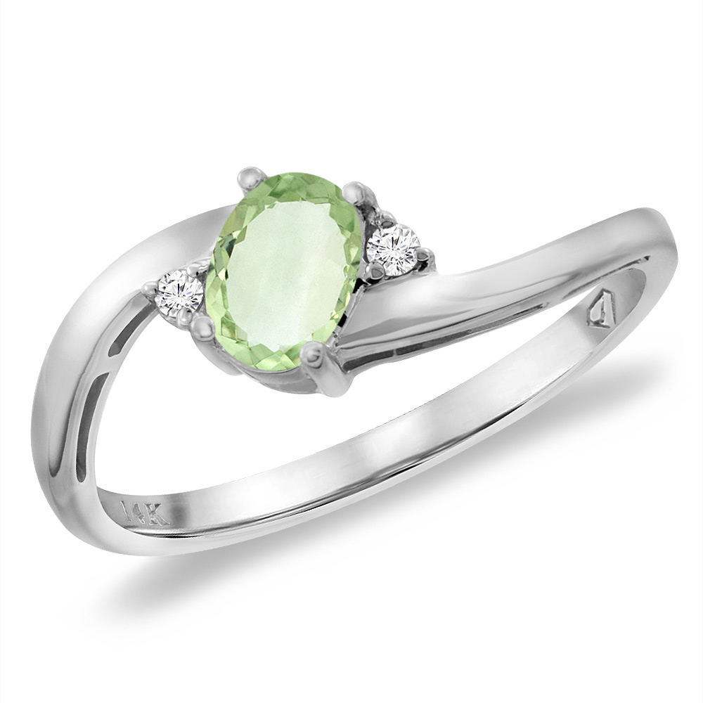 14K White Gold Diamond Natural Green Amethyst Bypass Engagement Ring Oval 6x4 mm, sizes 5 -10