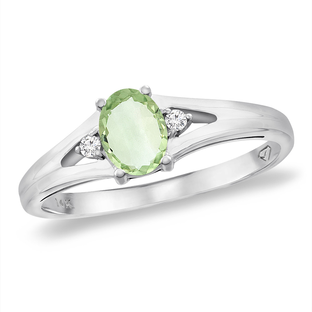 14K White Gold Diamond Natural Green Amethyst Engagement Ring Oval 6x4 mm, sizes 5 -10