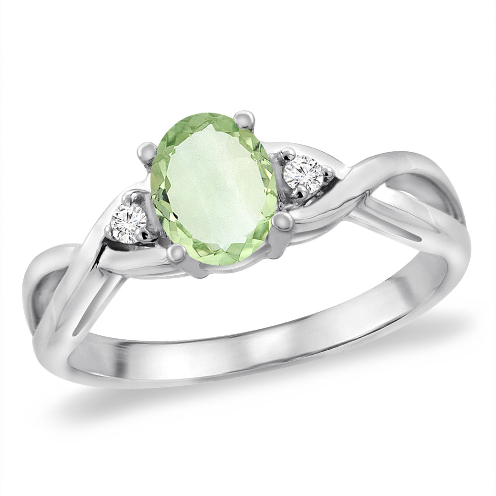 14K White Gold Diamond Natural Green Amethyst Infinity Engagement Ring Oval 7x5 mm, sizes 5 -10