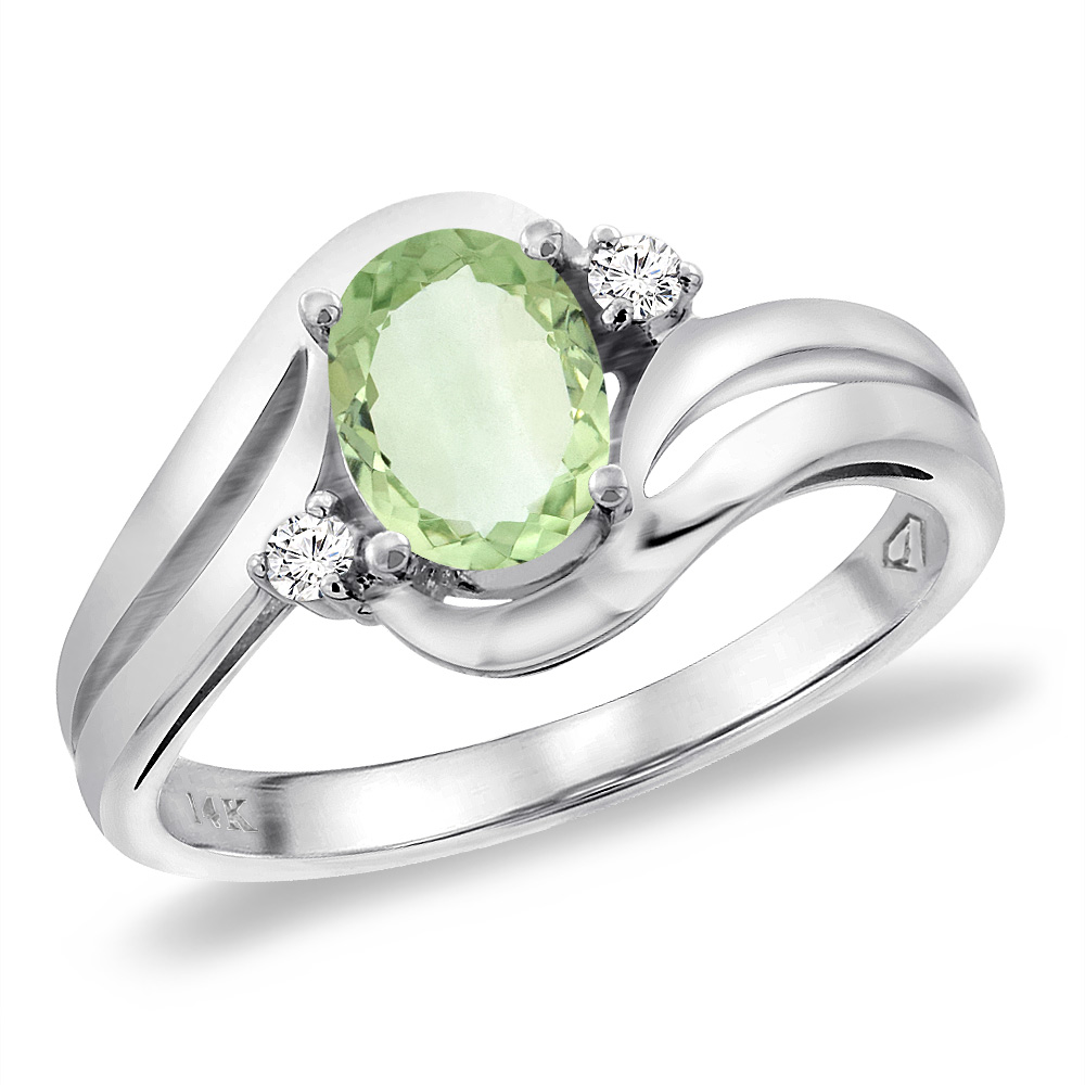 14K White Gold Diamond Natural Green Amethyst Bypass Engagement Ring Oval 8x6 mm, sizes 5 -10