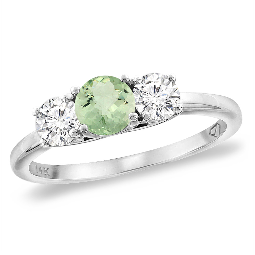 14K White Gold Diamond Natural Green Amethyst Engagement Ring 5mm Round, sizes 5 -10