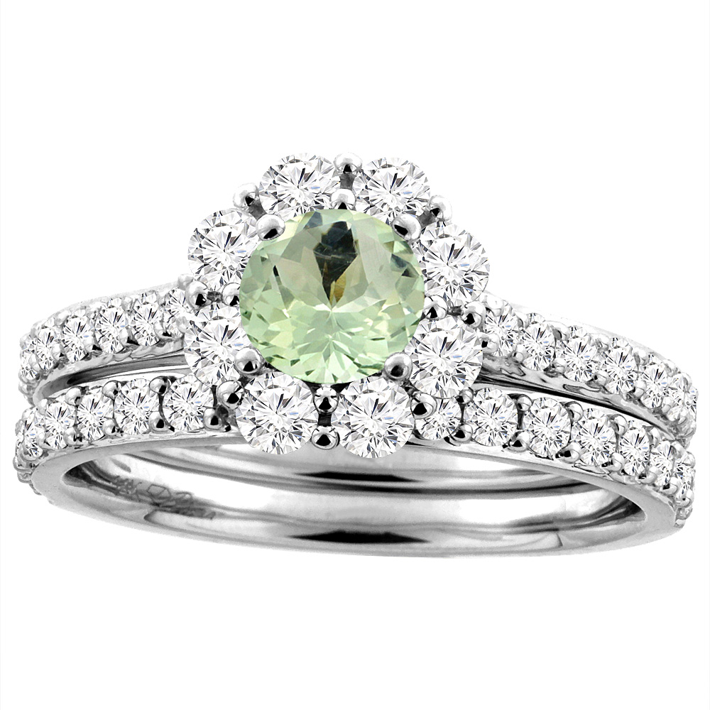 14K White Gold Diamond Natural Green Amethyst Halo Engagement Ring Set Round 5 mm, sizes 5-10