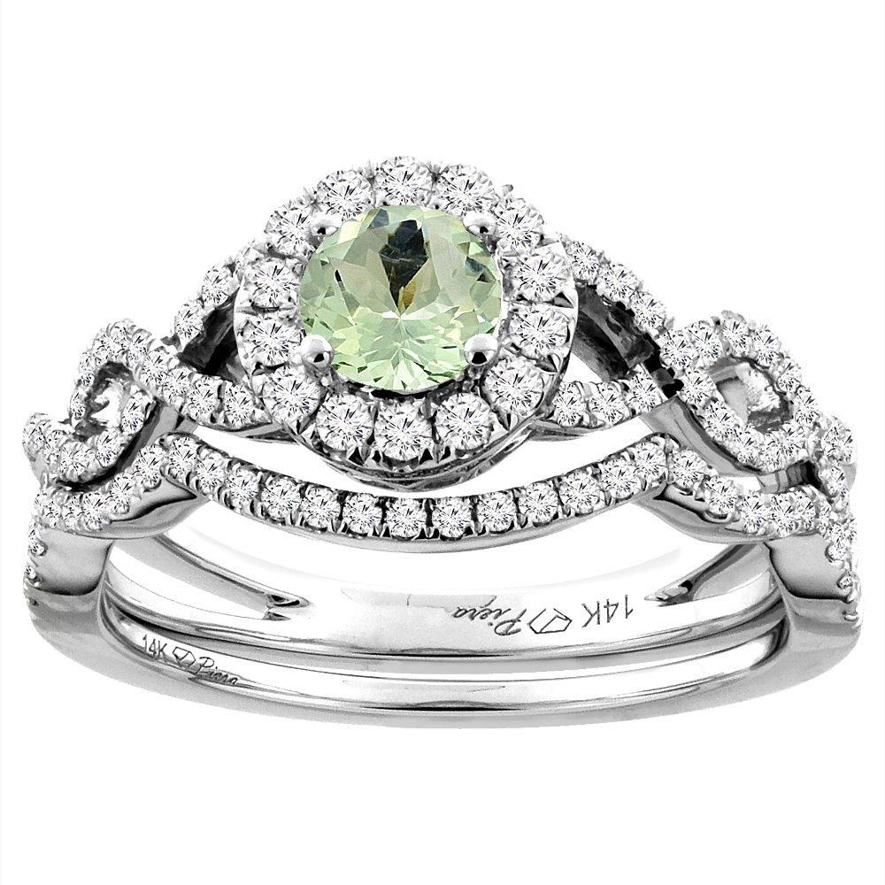 14K White Gold Diamond Natural Green Amethyst Halo Engagement Bridal Ring Set Round 5 mm, sizes 5-10