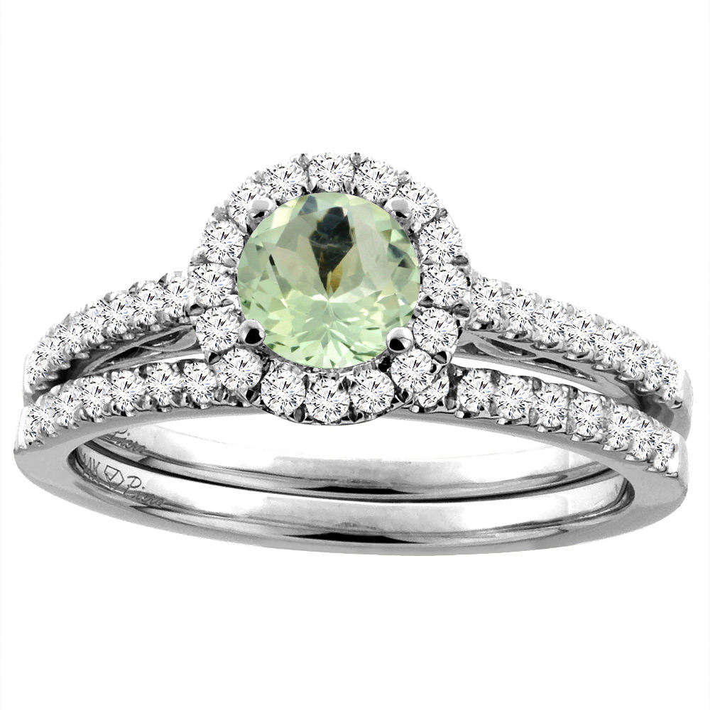 14K White Gold Diamond Natural Green Amethyst Halo Engagement Bridal Ring Set Round 6 mm, sizes 5-10