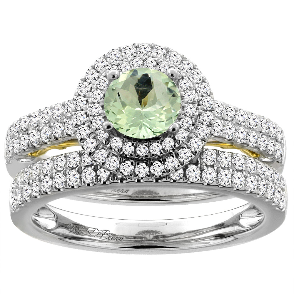 14K White Gold Diamond Natural Green Amethyst Halo Engagement Ring Set Round 6 mm, sizes 5-10