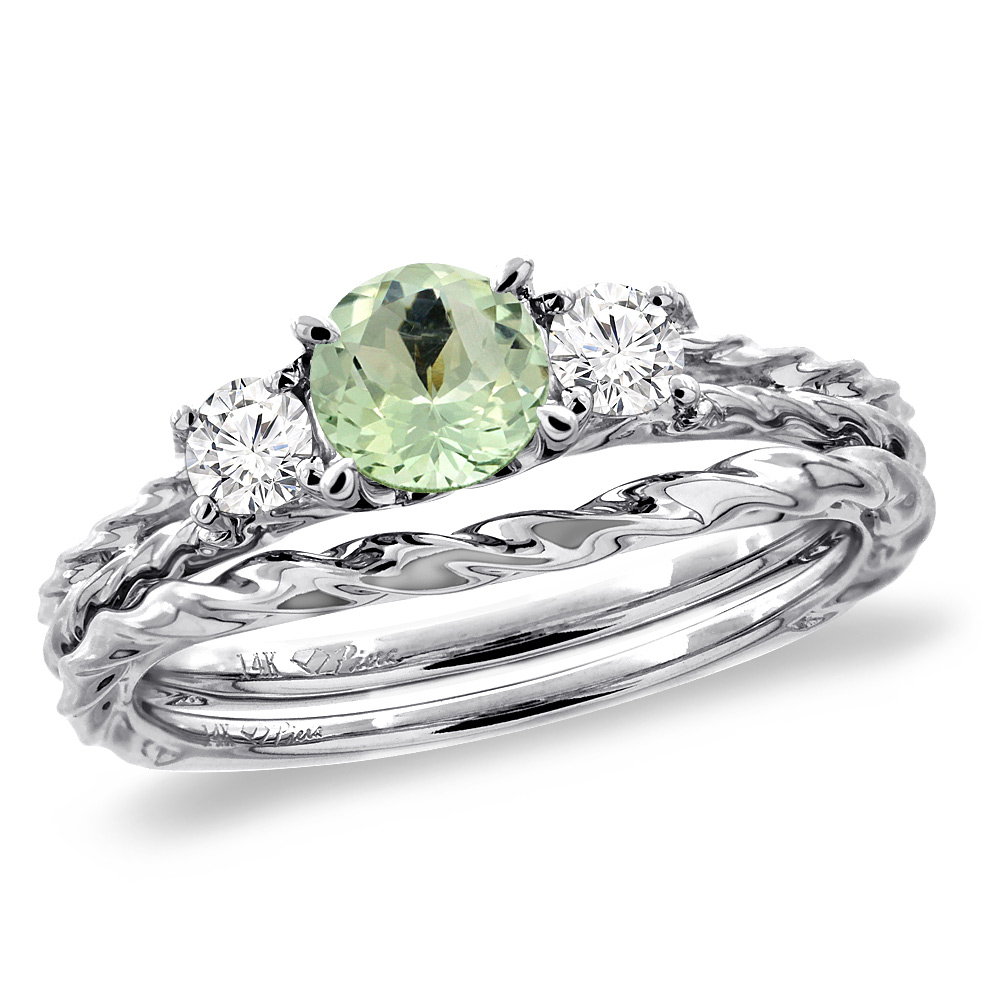 14K White Gold Diamond Natural Green Amethyst 2pc Engagement Ring Set Round 6mm Twisted, sizes 5-10