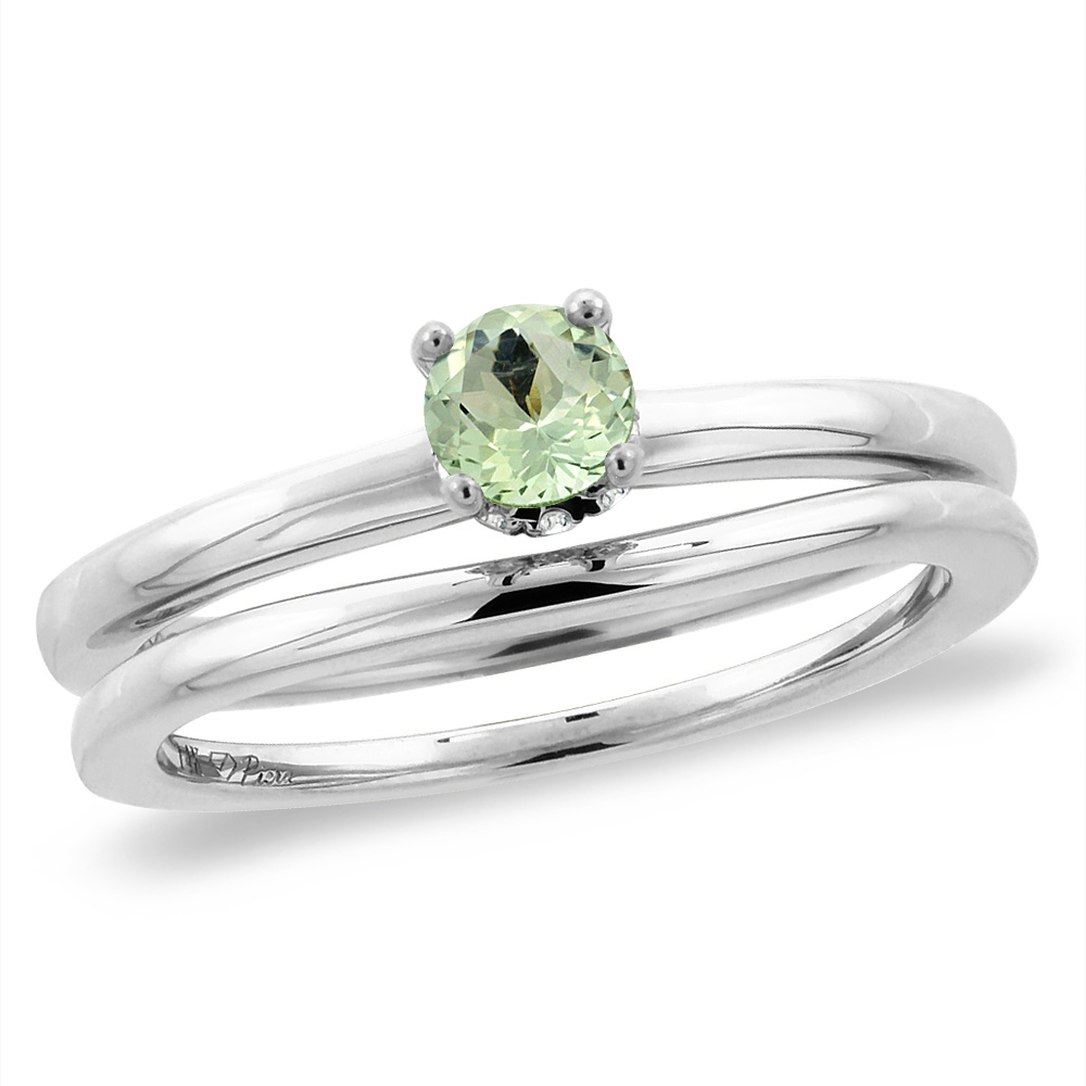 14K White Gold Diamond Natural Green Amethyst 2pc Solitaire Engagement Ring Set Round 6 mm, sz 5-10