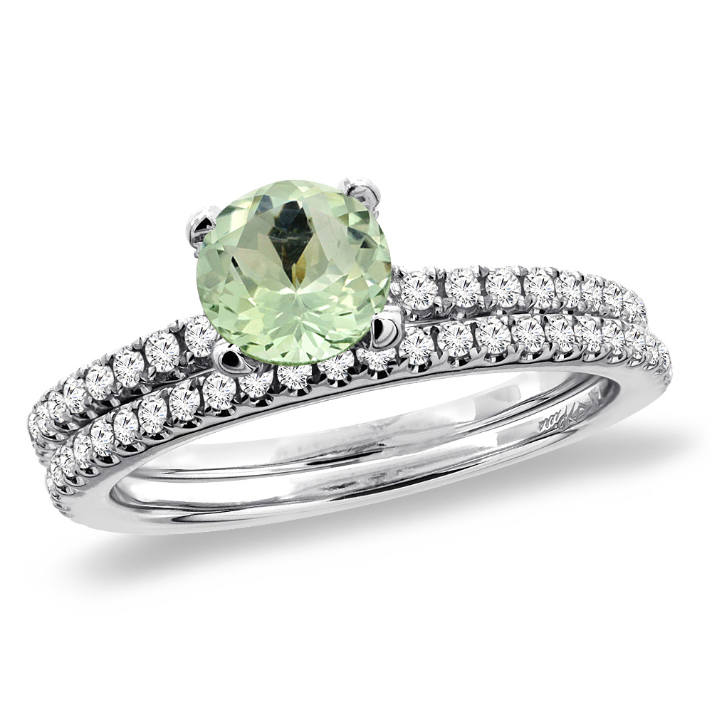 14K White Gold Diamond Natural Green Amethyst 2pc Engagement Ring Set Round 5 mm, sizes 5-10