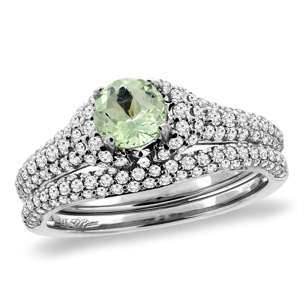 14K White Gold Diamond Natural Green Amethyst 2pc Engagement Ring Set Round 5 mm, sizes 5-10
